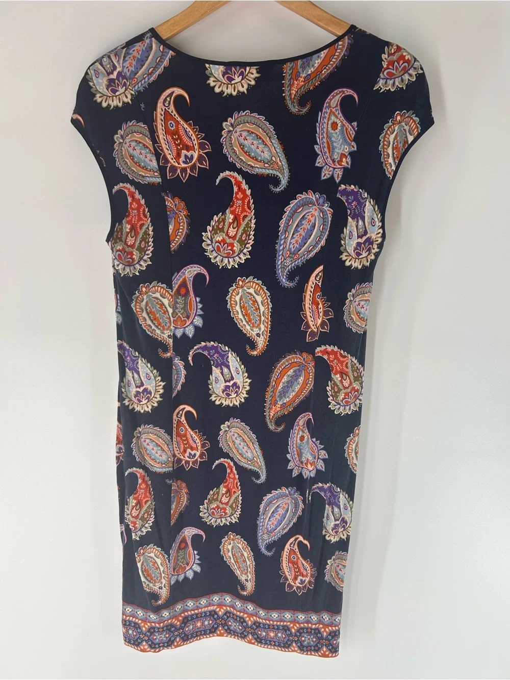 Tory Burch Silk Navy Paisley V-Neck Midi Dress with Orange and Purple Motif